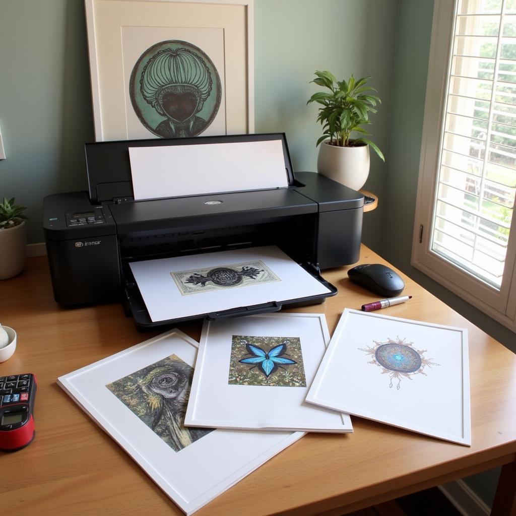 Home art printing setup with printer and various types of art paper