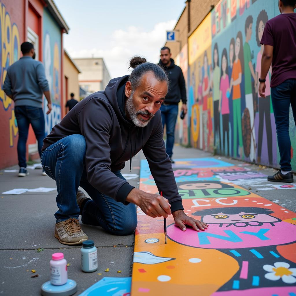 Homeless Artist Painting a Mural in a Community Project