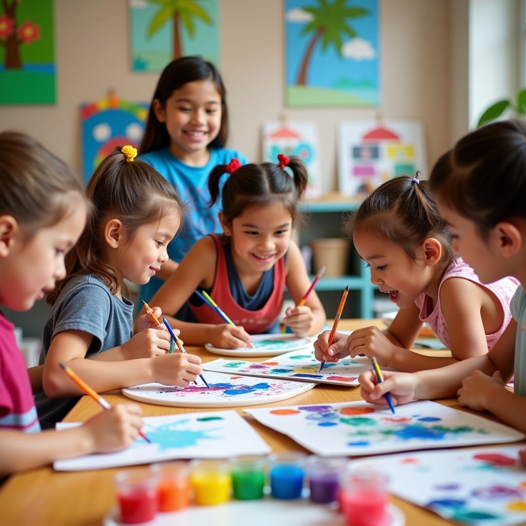 Children Painting in an Art Class in Honolulu