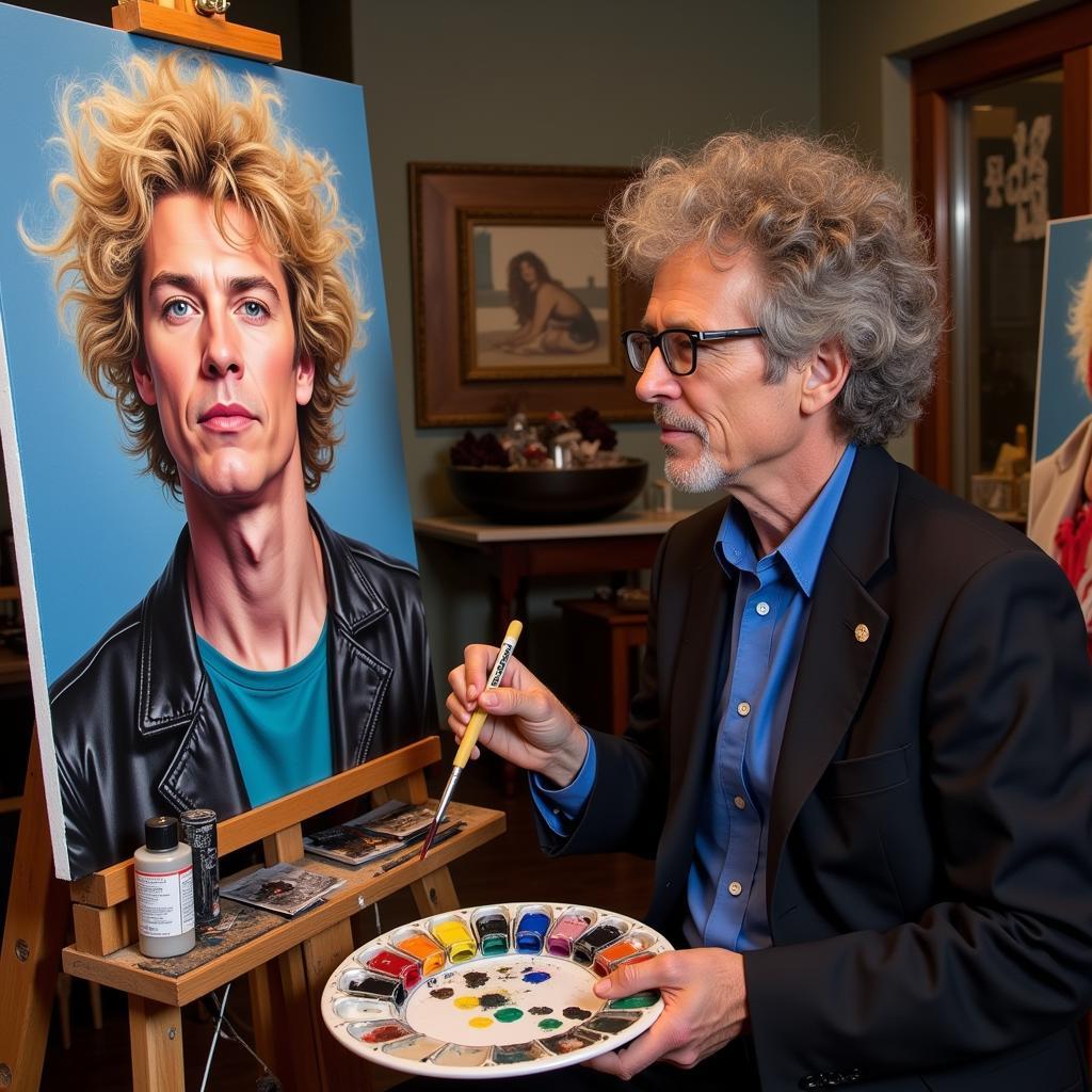 Howard Stern Painting a Portrait: A candid shot of Howard Stern in his art studio, working on a portrait with oil paints, palette and brushes visible.