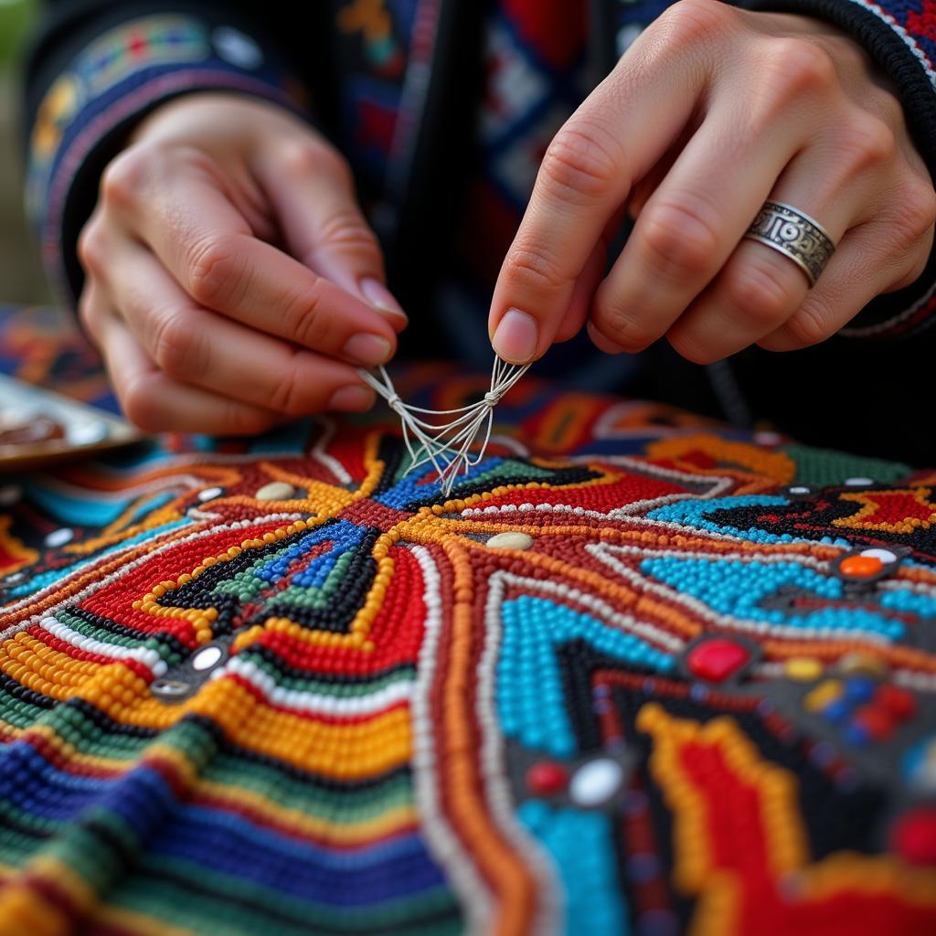 Huichol Artist Creating Intricate Peyote Beadwork