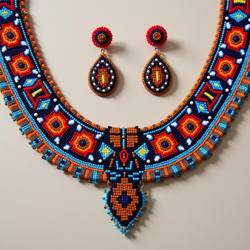 Huichol beaded jewelry, featuring a vibrant necklace and earrings set.