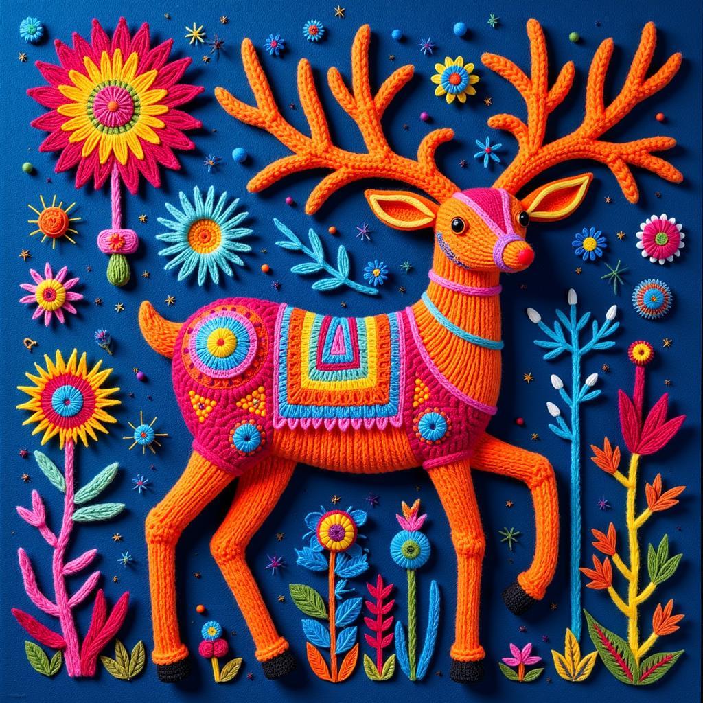 Huichol Yarn Painting Depicting a Deer