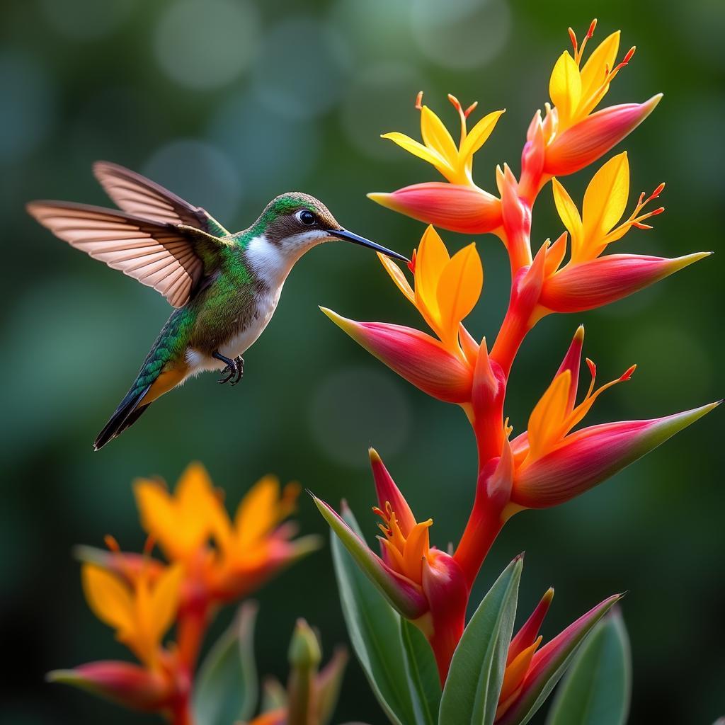 Hummingbird Hovering Near Tropical Flowers