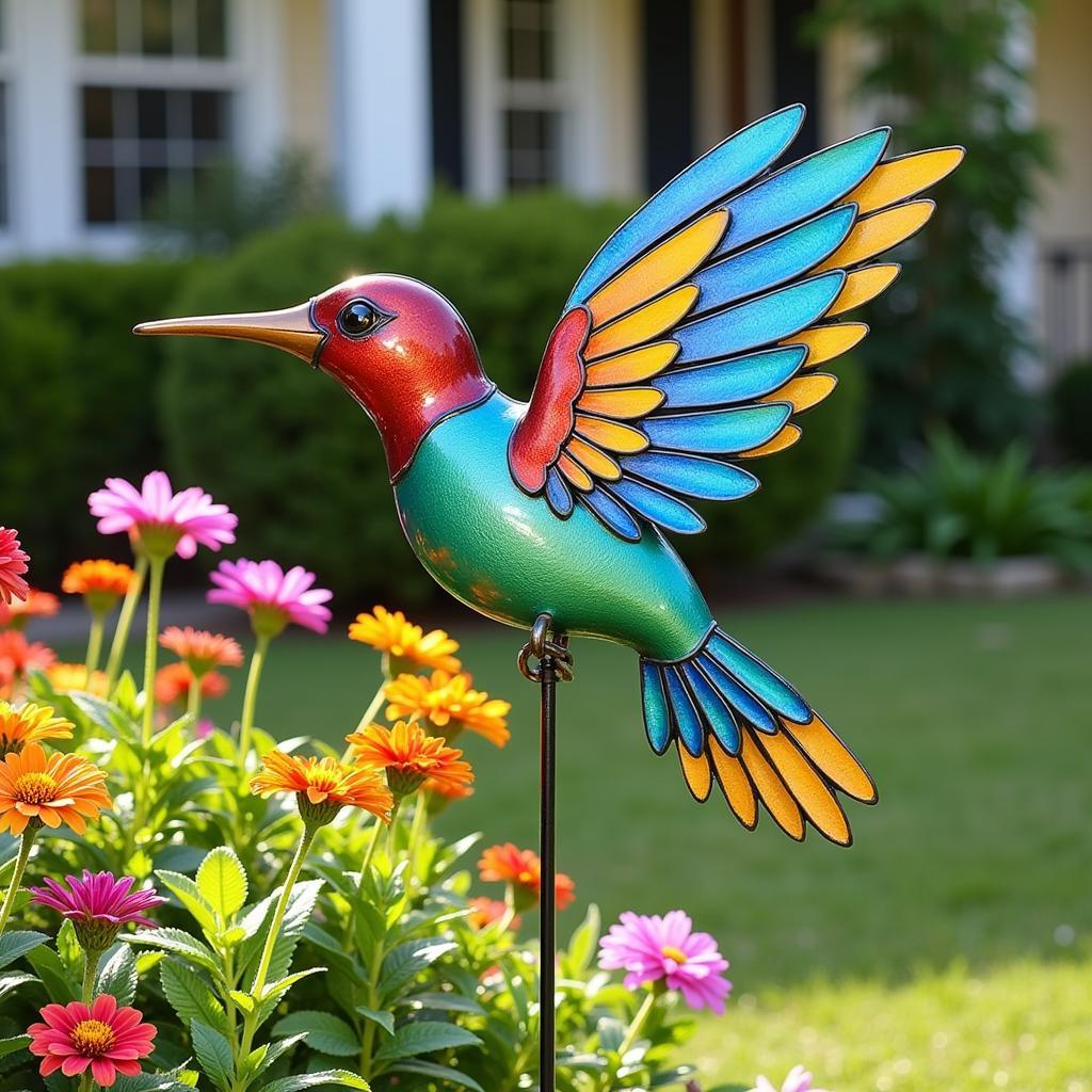 Hummingbird Metal Sculpture in a Garden