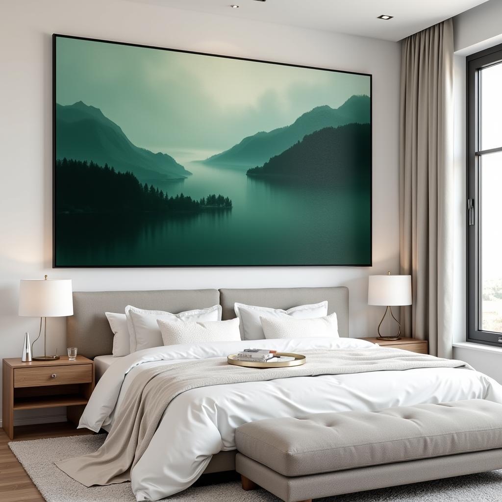 Abstract Hunter Green Landscape Wall Art in a Modern Bedroom