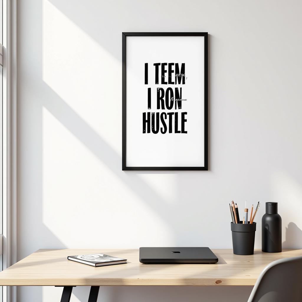 Hustle wall art in a home office setting, inspiring productivity and motivation