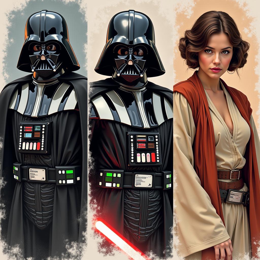 Iconic Star Wars Characters in Art: Darth Vader, Luke Skywalker, and Princess Leia in Various Art Styles