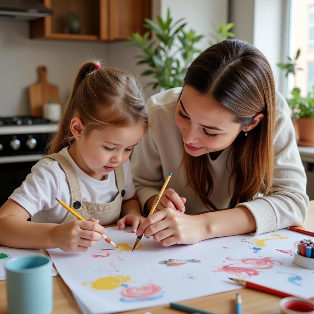 Parent and child engaging in an art activity at home.