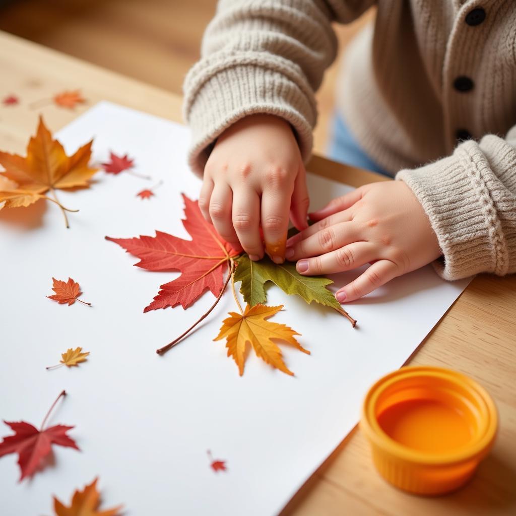 Baby Making a Fall Leaf Collage