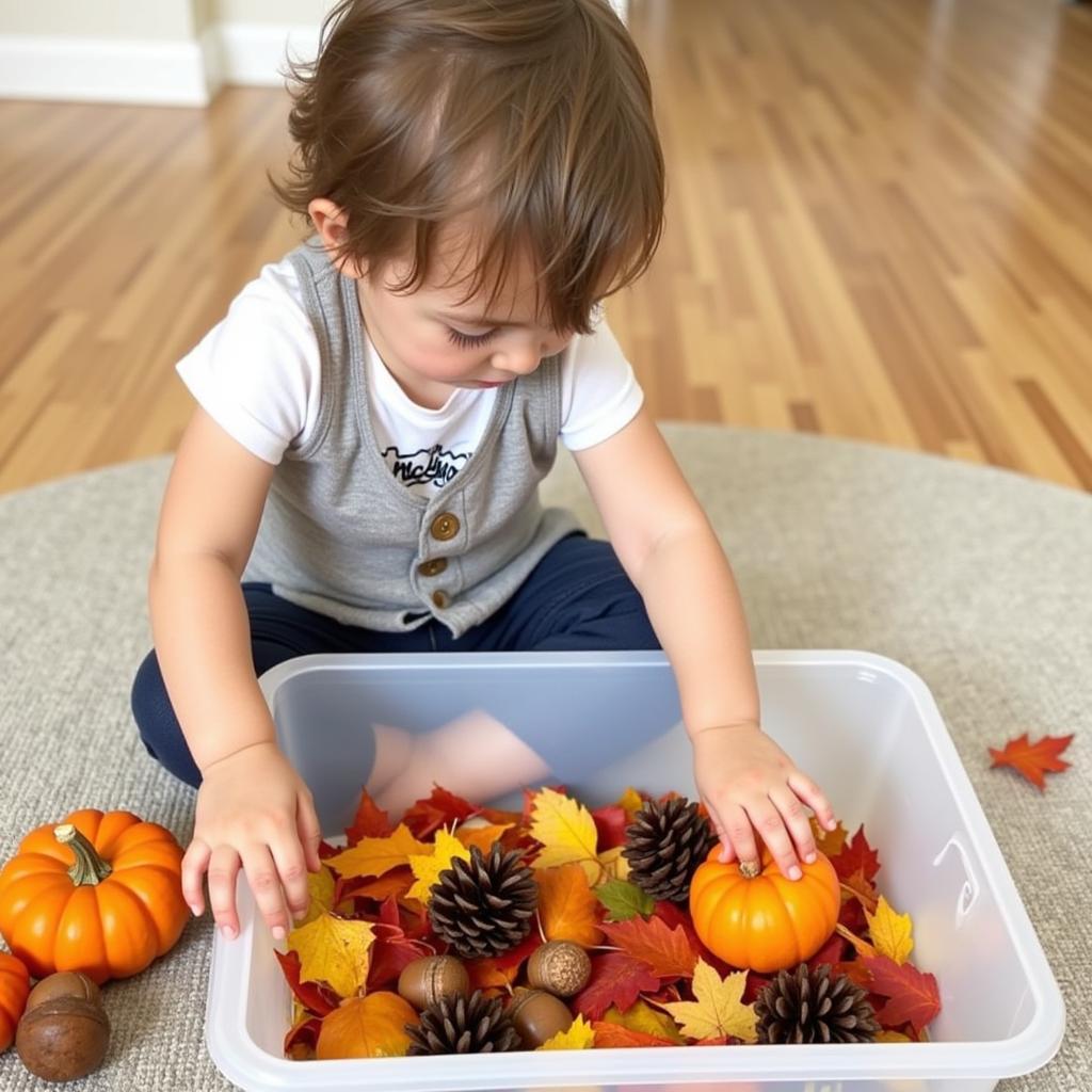 Infant Exploring a Fall Sensory Bin