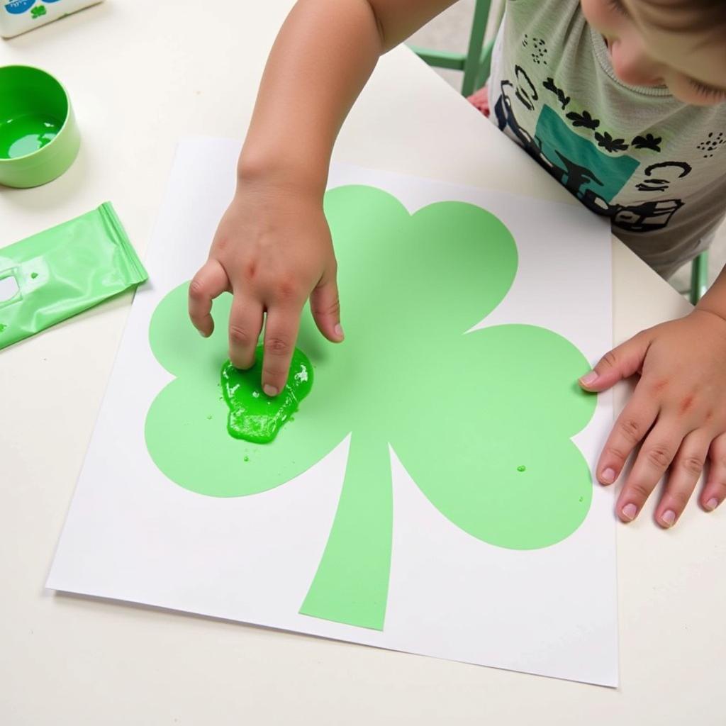 Infant creating handprint shamrock St Patrick's day art