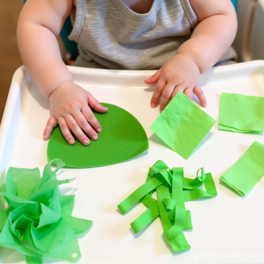 Infant exploring green textures for sensory St Patrick's day play