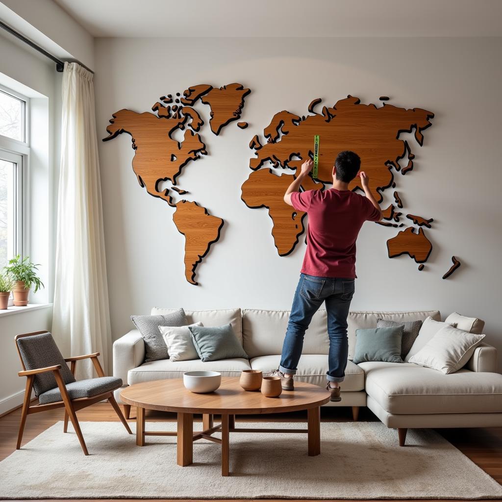 Installing a Large Wooden World Map on a Living Room Wall