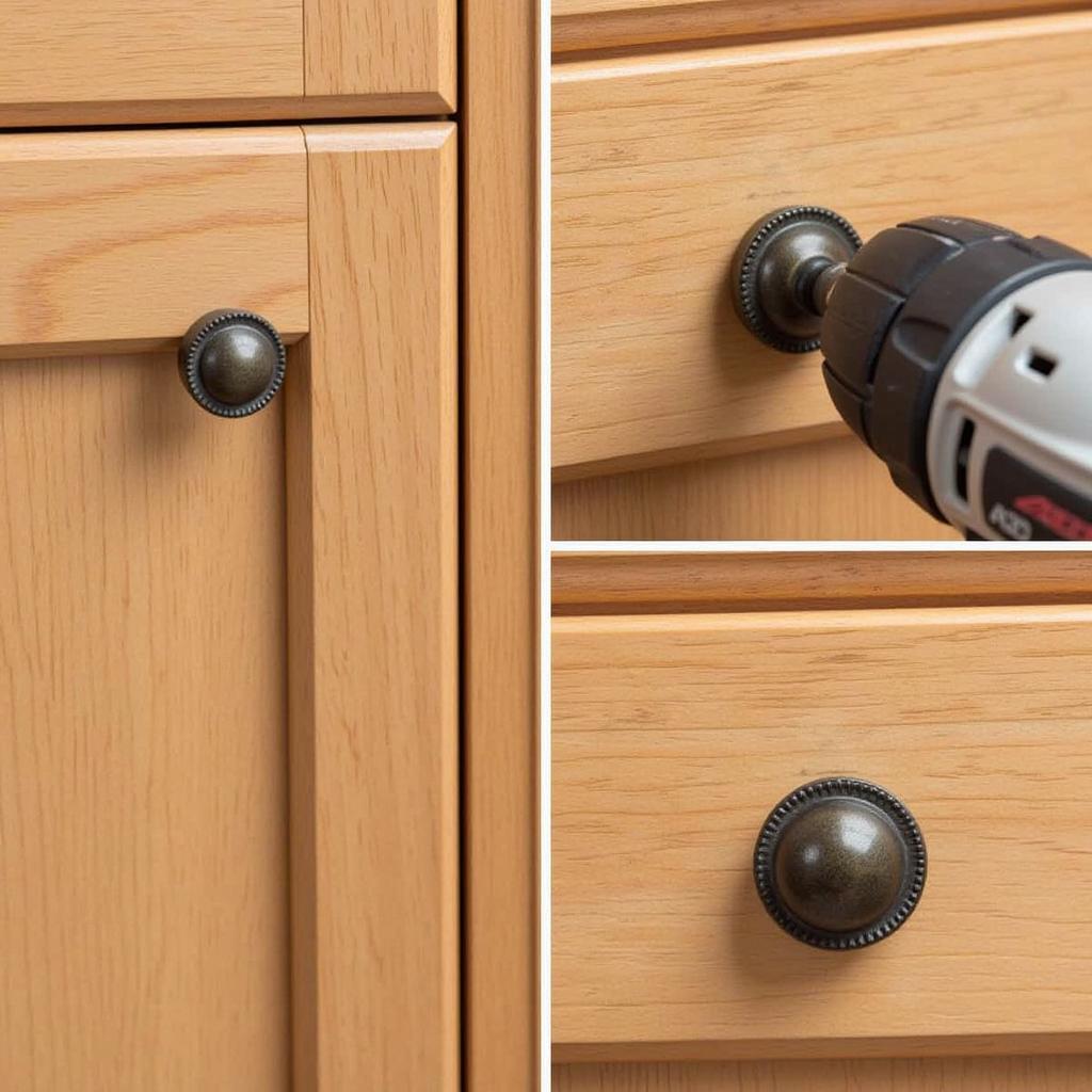 Step-by-step process of installing an Arts and Crafts cabinet knob.