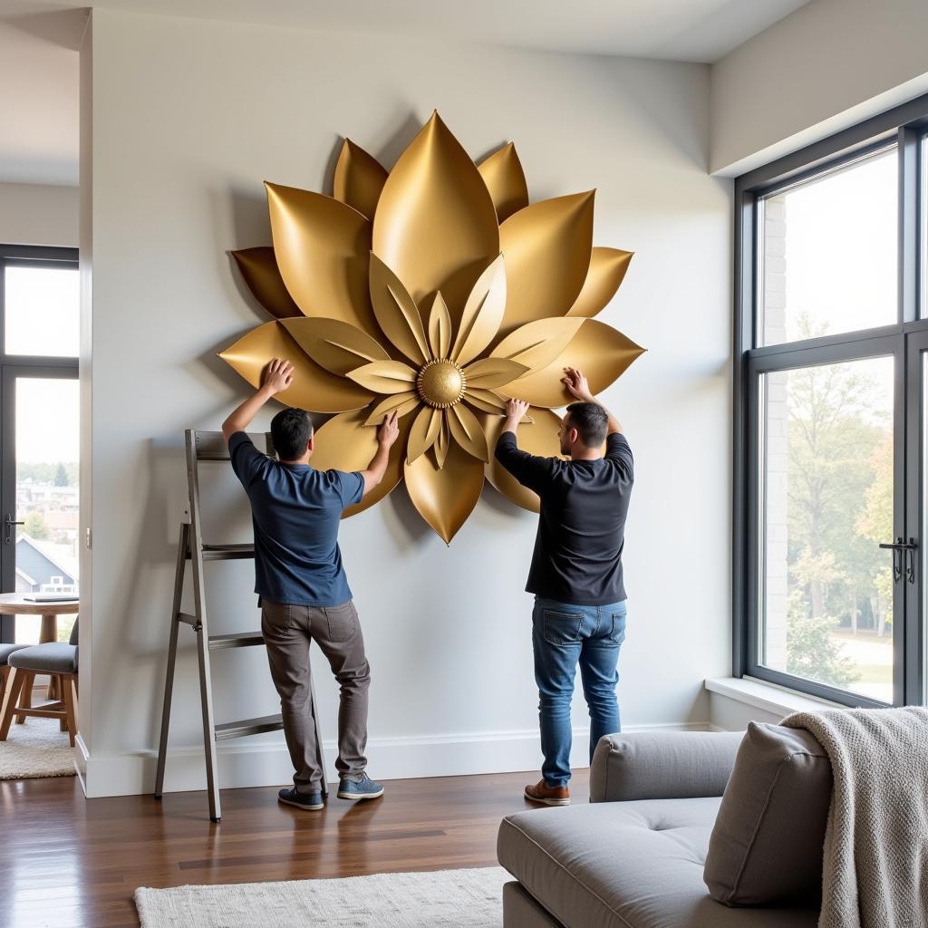 Installing Metal Lotus Wall Art in a Modern Living Room