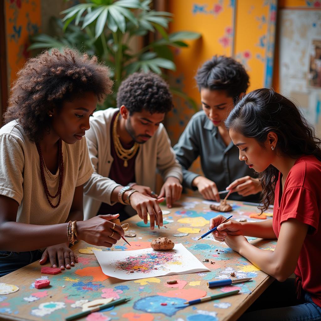 Diverse artists collaborating in an international art workshop