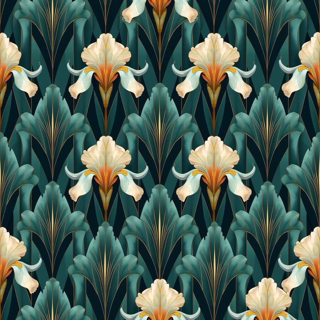 Repeating pattern design featuring stylized irises in Art Deco style