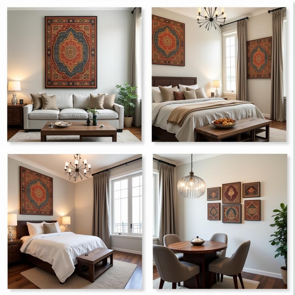 Different placements of Islamic art canvases in a home setting