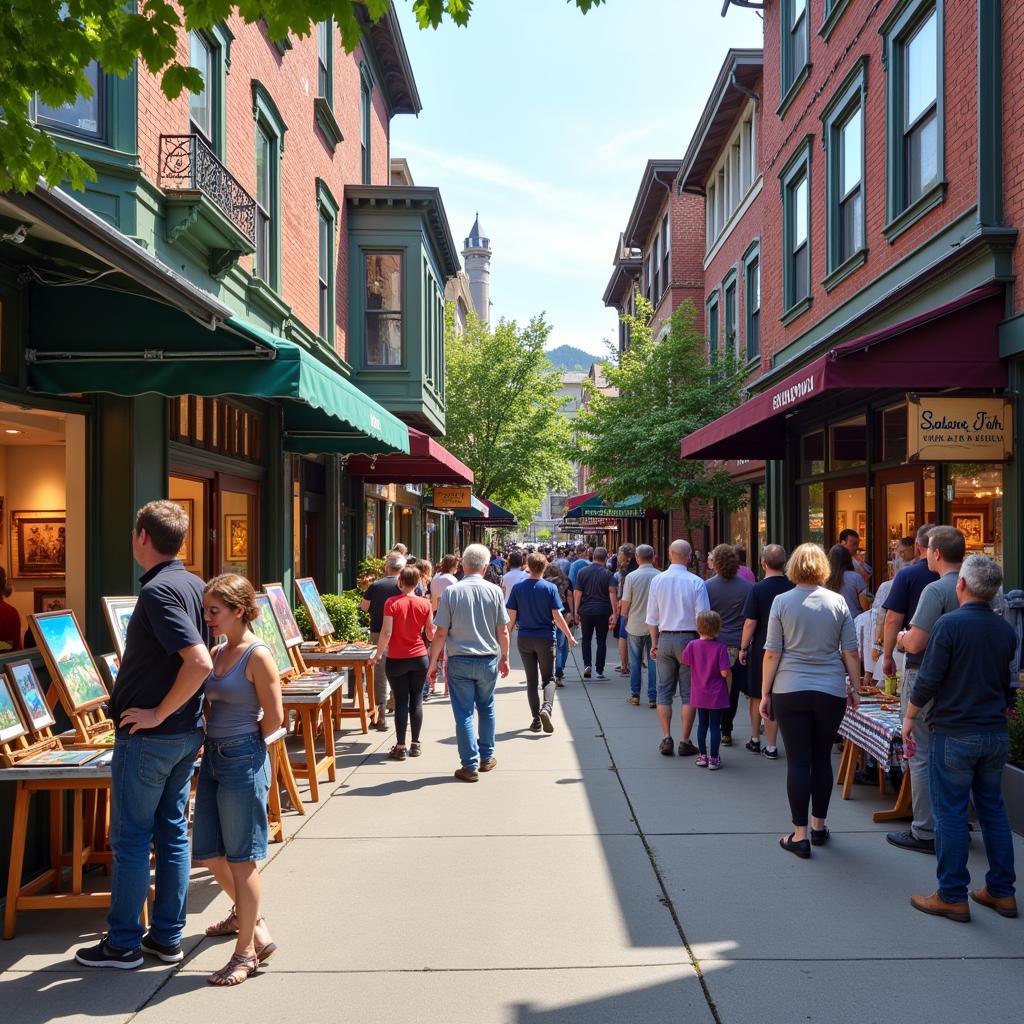 Issaquah Art Walk downtown scene showing artists and attendees enjoying the vibrant atmosphere