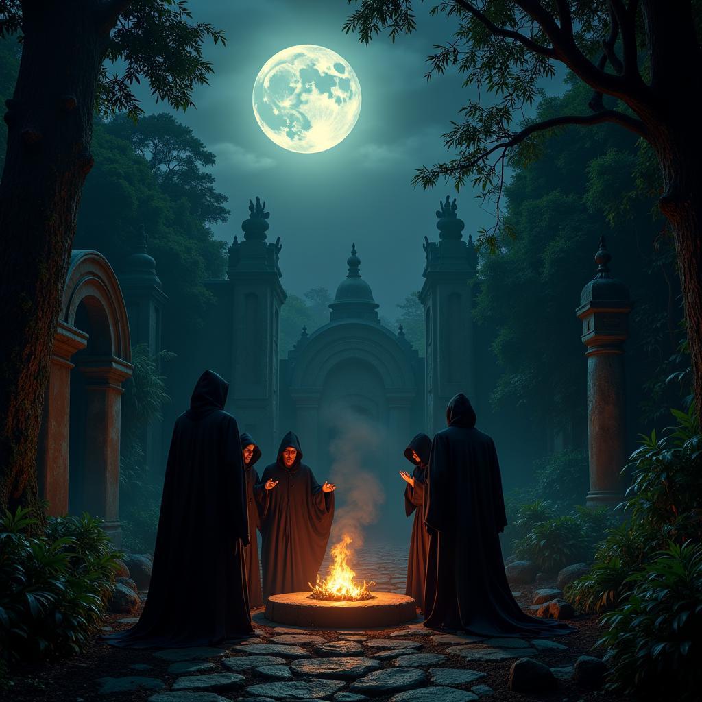 Ixalan Vampire Ritual Night Scene: Depicting a group of vampires performing a ritual under the moonlight in a jungle clearing, surrounded by glowing runes and ancient artifacts.