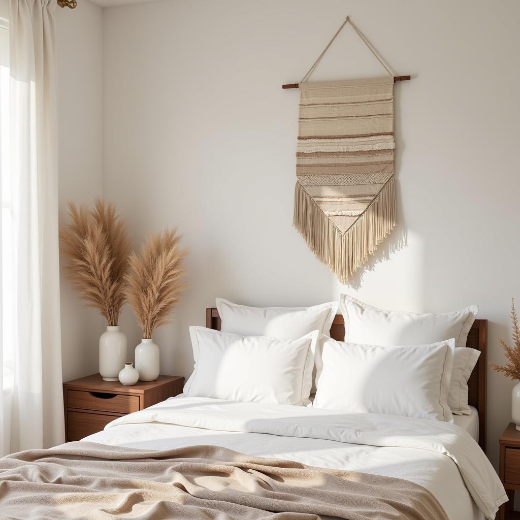 Japandi style bedroom featuring minimalist wall art with a calming color palette and natural textures.