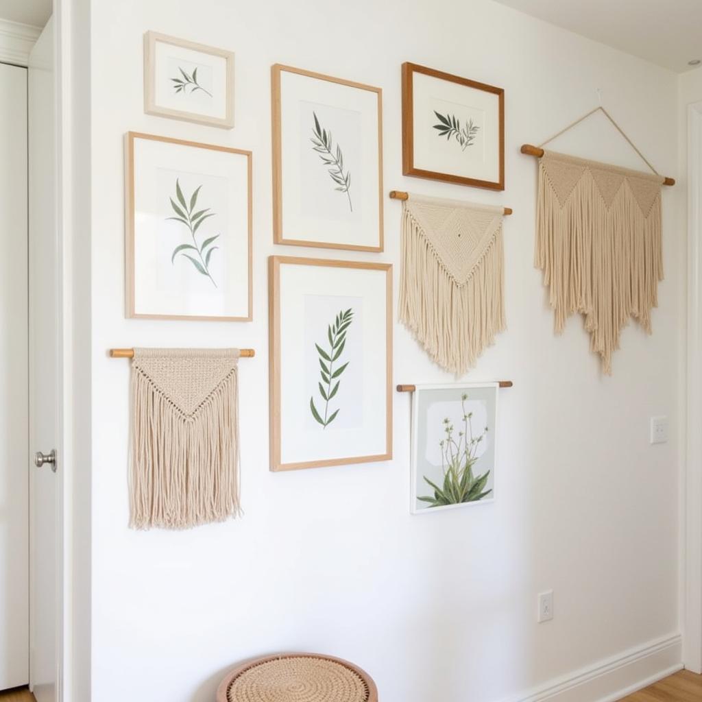 A gallery wall featuring a curated collection of Japandi wall art including minimalist prints, botanical illustrations, and textured wall hangings