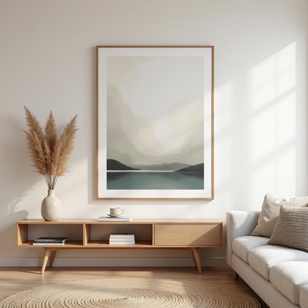 Japandi wall art in a living room featuring a minimalist abstract painting with natural wood frame and a neutral color palette.