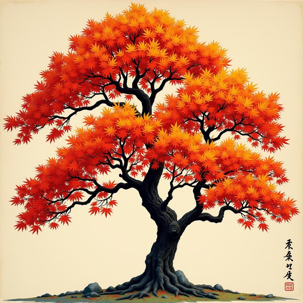 Japanese Maple Woodblock Print: A Traditional Depiction