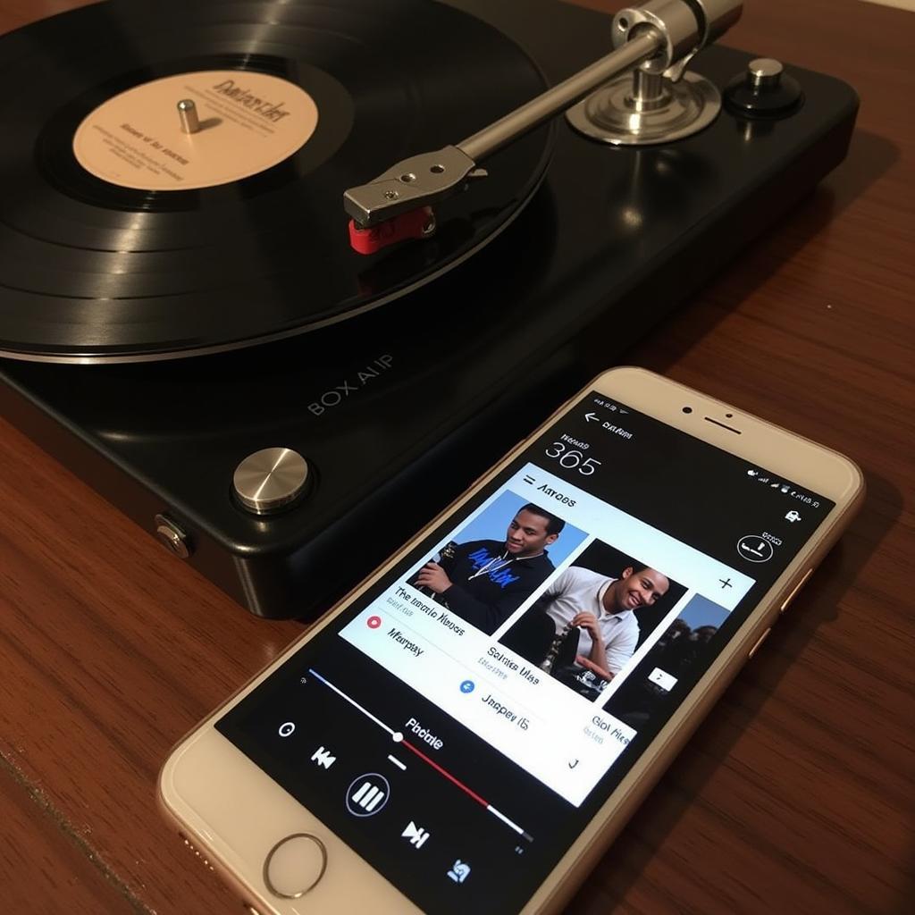 Jazz Evolution: From Vinyl to Virtual - A vintage record player sits beside a modern smartphone, symbolizing the transition from traditional to digital music consumption.