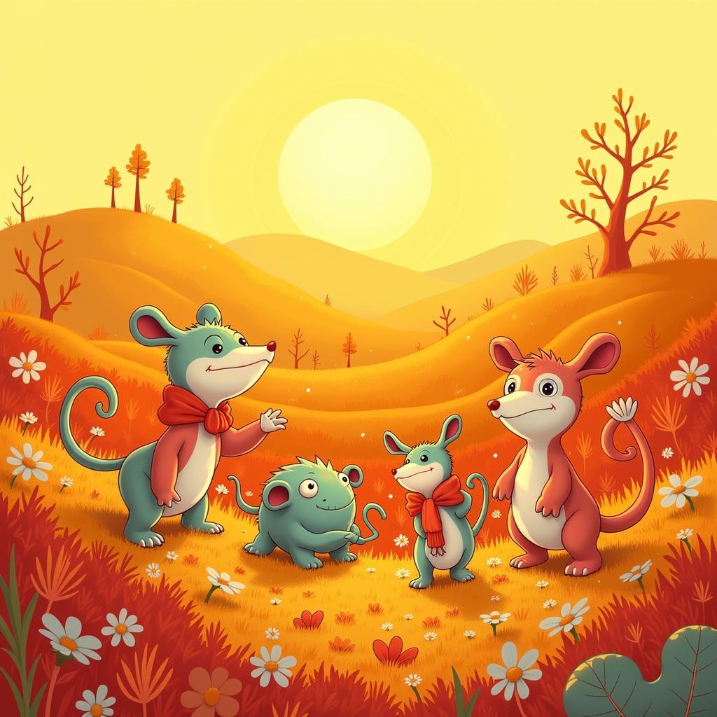 Whimsical creatures in a vibrant landscape by Jenny Grumbles