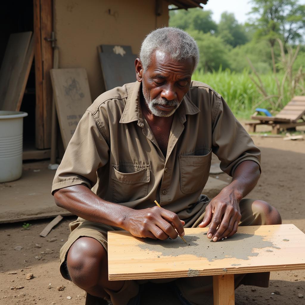 Jimmy Lee Sudduth painting a portrait using mud on plywood.