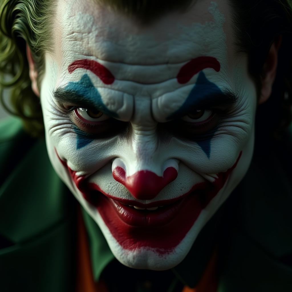 Joaquin Phoenix Joker Digital Portrait: A close-up portrait capturing the Joker's unsettling grin and intense gaze, highlighting the use of light and shadow to convey his inner turmoil.