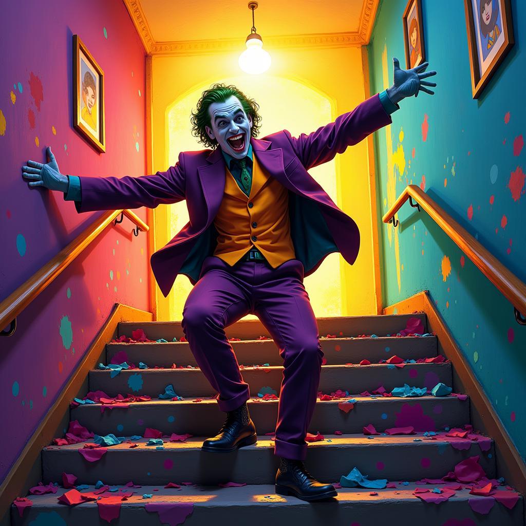 Joker Staircase Dance Digital Painting: A dynamic depiction of the Joker dancing on the stairs, showcasing vibrant colors and energetic brushstrokes.