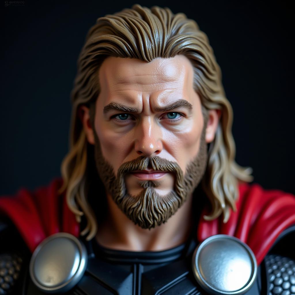 Close-up of Kai Arts Marvel Thor's face, showcasing the detailed sculpt and paint application.