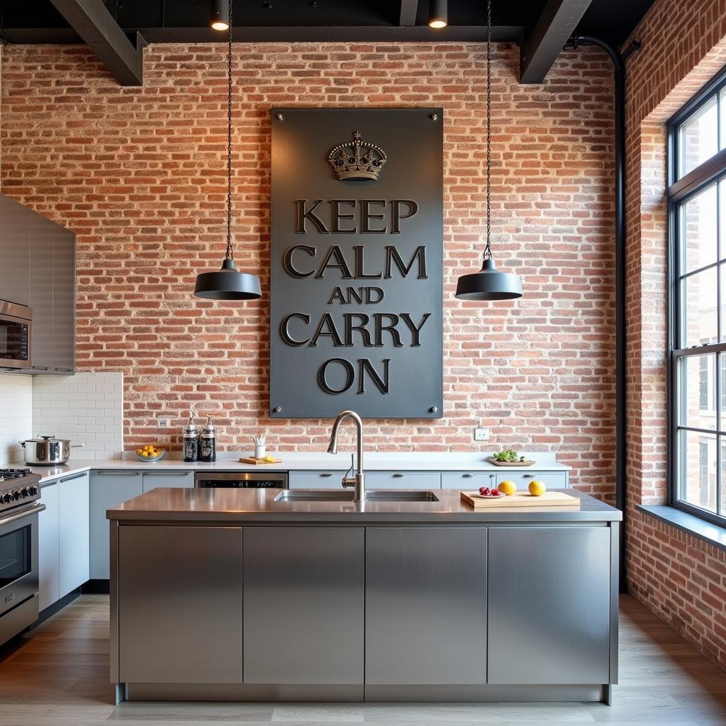 A "Keep Calm and Carry On" metal sign in an industrial-style kitchen