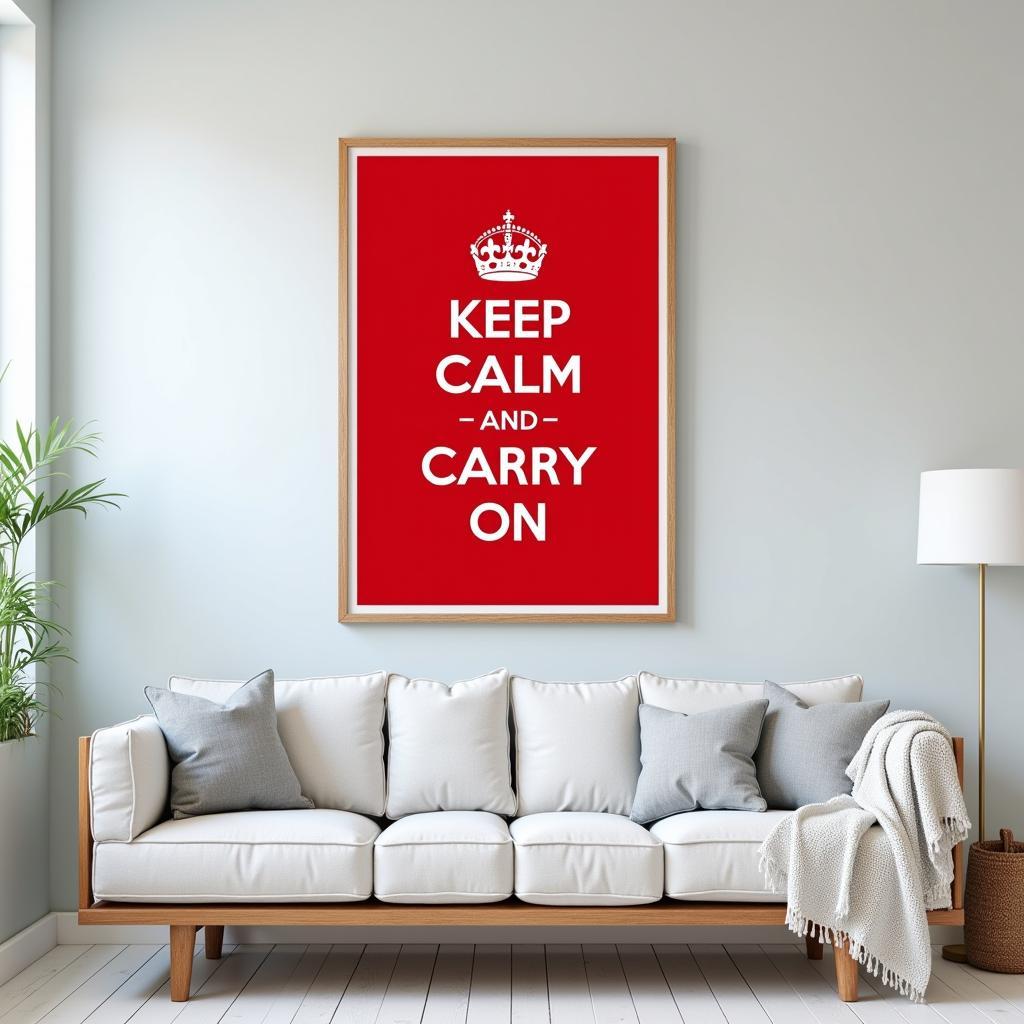 Vintage "Keep Calm and Carry On" poster wall art displayed in a modern living room