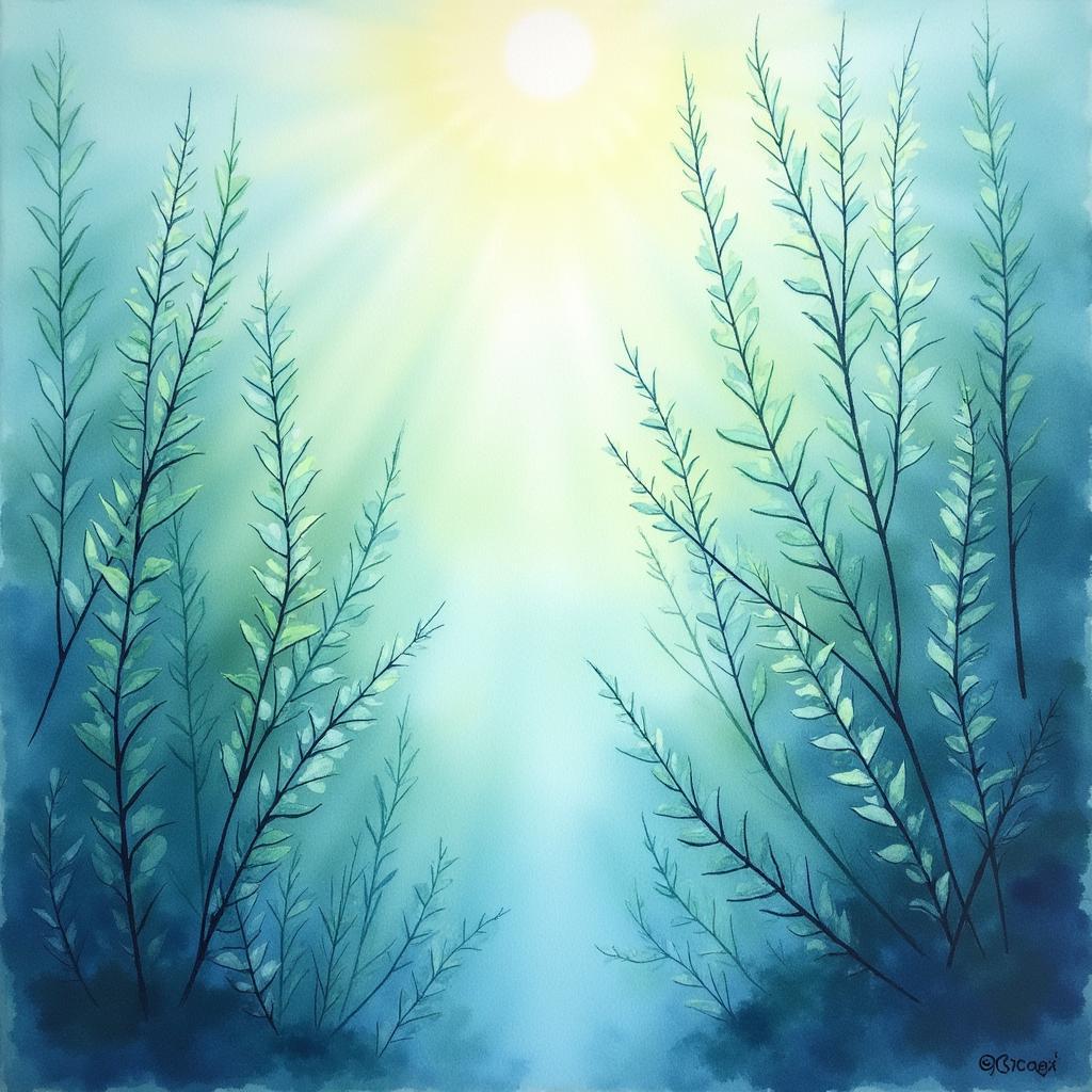 Ethereal Watercolor Painting of Kelp Forest with Sunlight