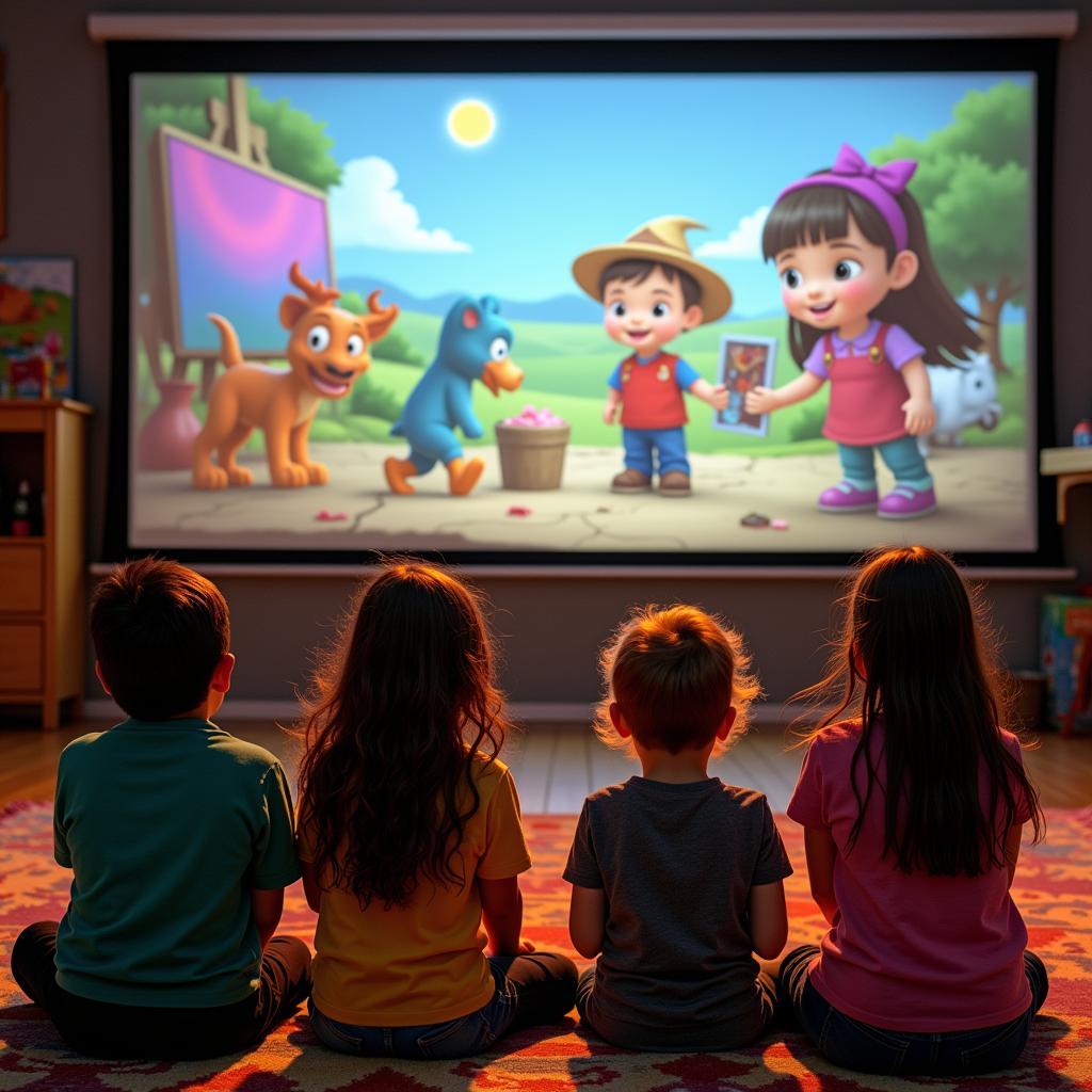 Children captivated by an animated movie about art