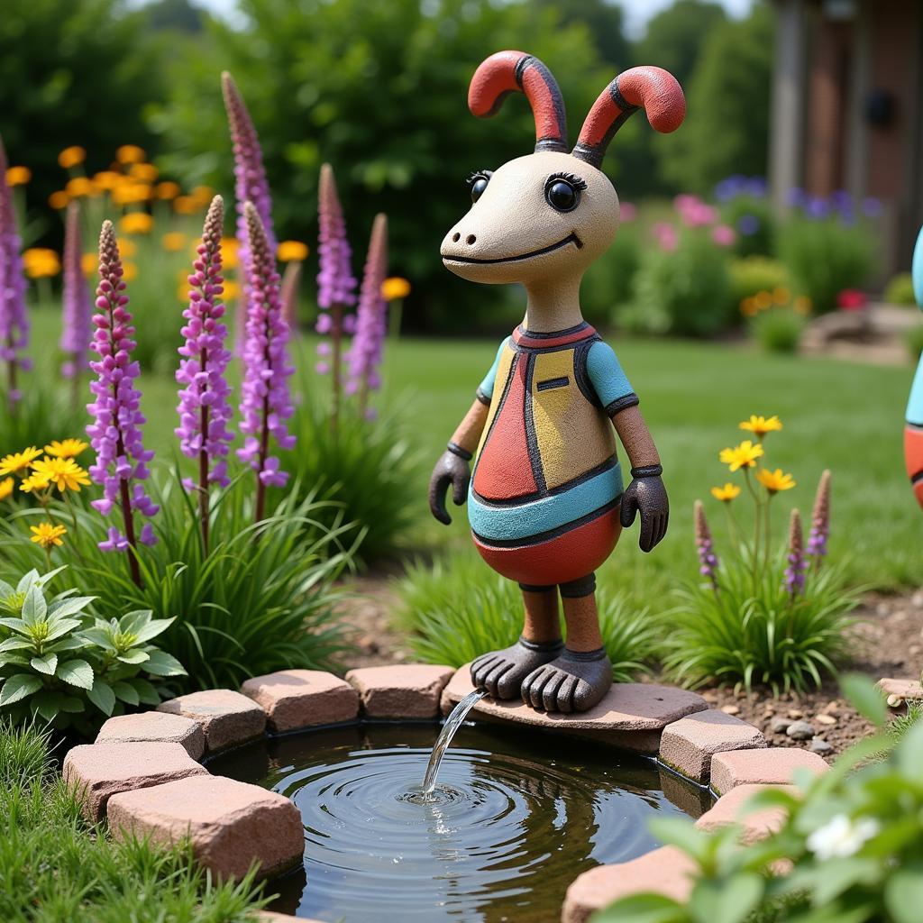 Kokopelli Garden Sculpture near Water Feature