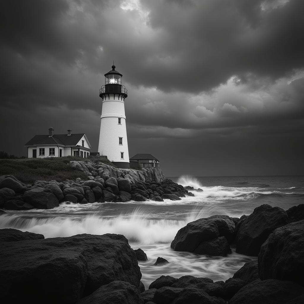 Black and white photograph of a Lake Superior lighthouse against a stormy sky.