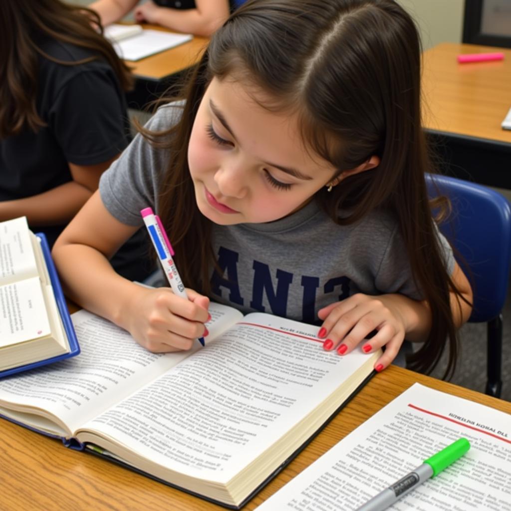 Student actively engaged in reading a language arts textbook, highlighting key passages and taking notes in the margin.