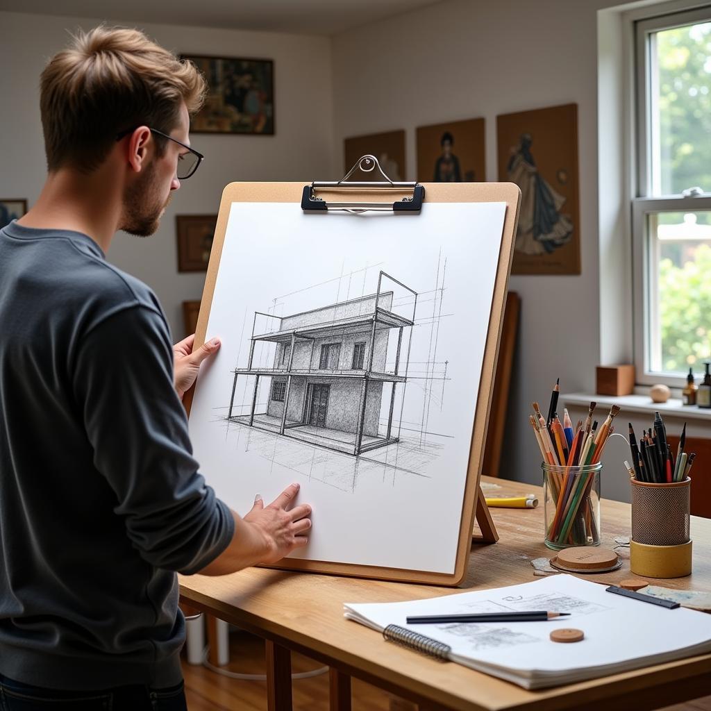 Artist working with a large art clipboard in their studio