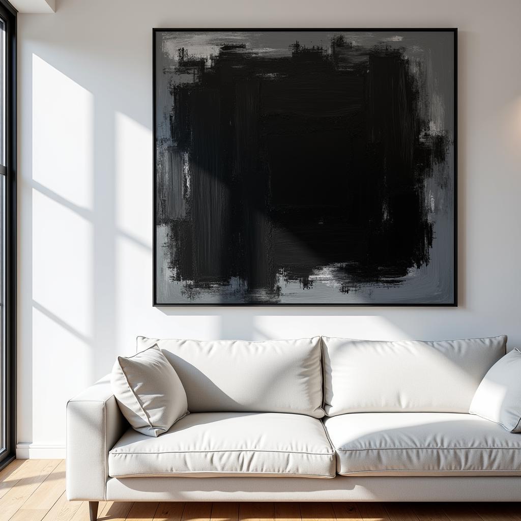 Large black abstract canvas art dominates a modern living room.