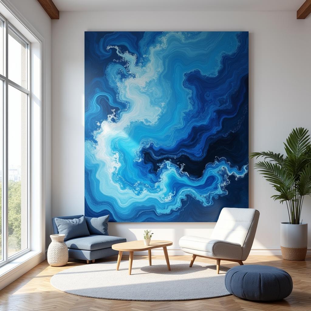 Large Blue Abstract Wall Art in a Modern Living Room