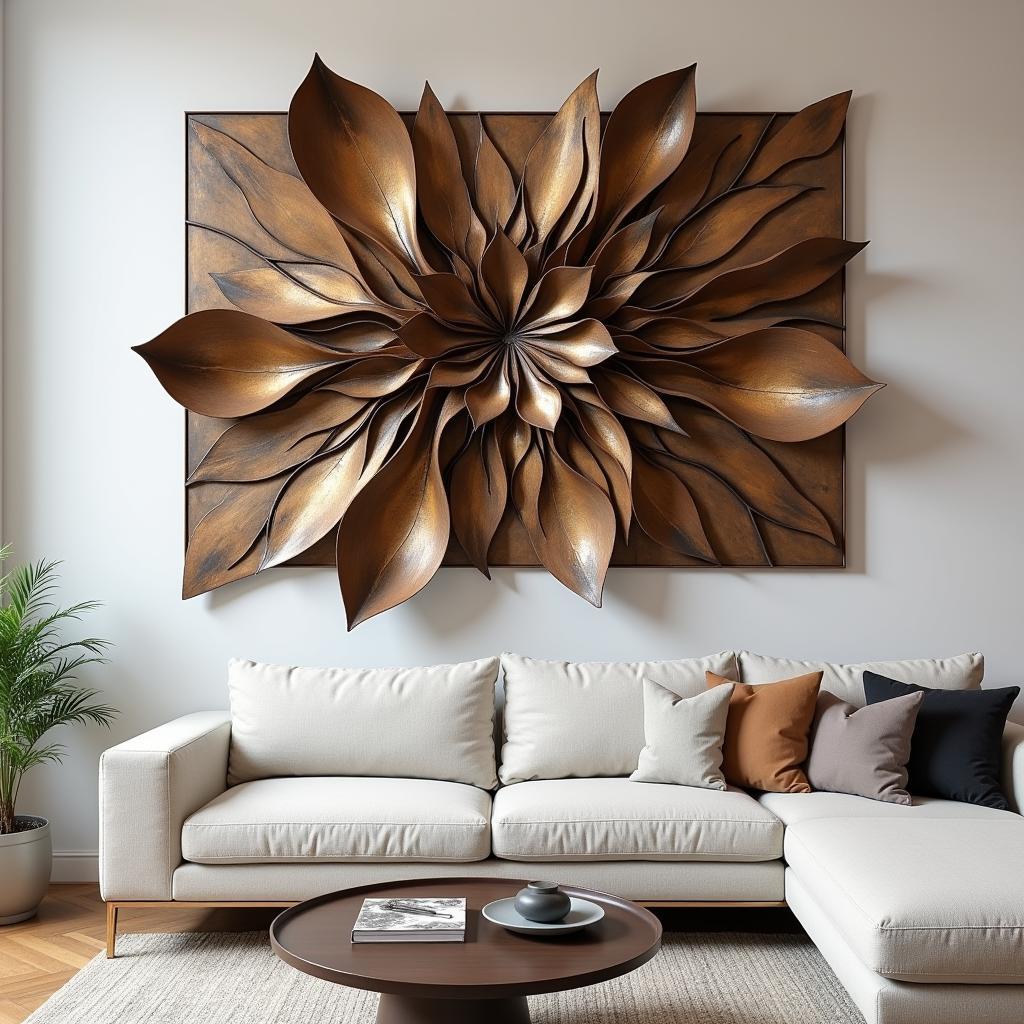 Large Bronze Wall Art: Abstract Design in a Modern Living Room