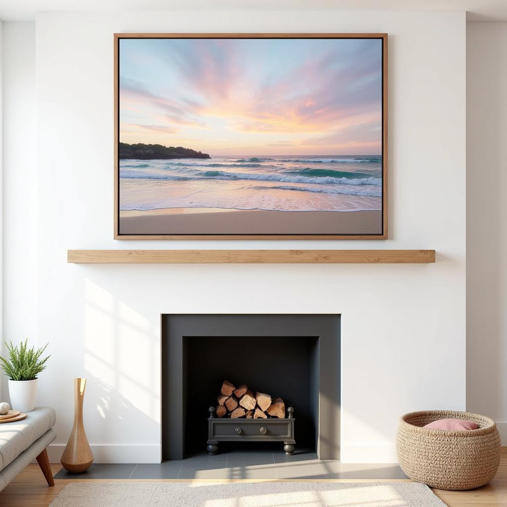 Large Framed Coastal Wall Art Above Fireplace