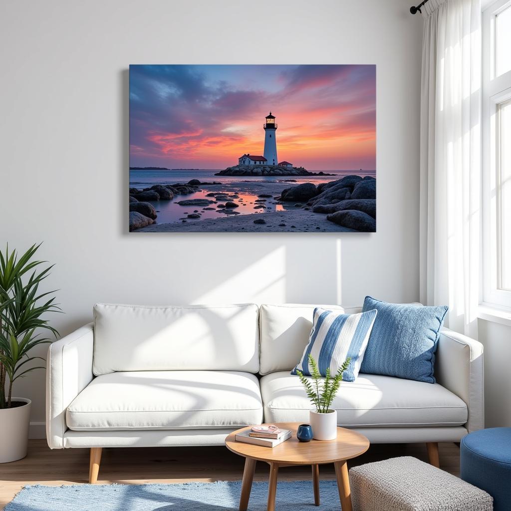 Large lighthouse canvas print illuminating a coastal-themed living room