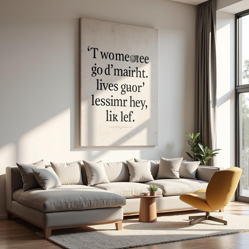 Large quote wall art in a modern living room setting