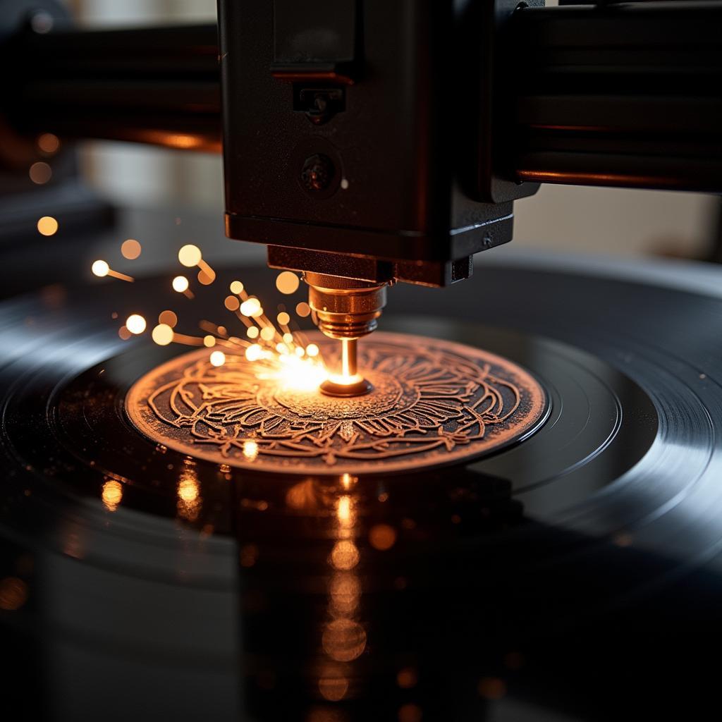 Close-up of the Laser Cutting Process on a Vinyl Record